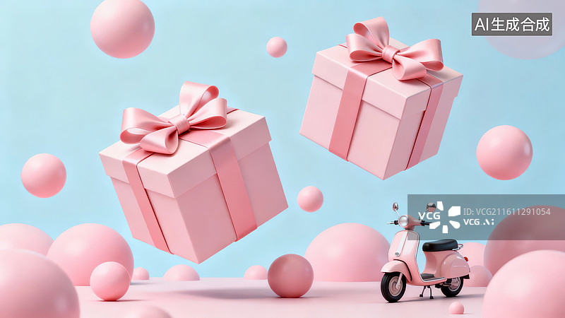 【AI数字艺术】粉色礼盒与踏板车悬浮场景图片素材
