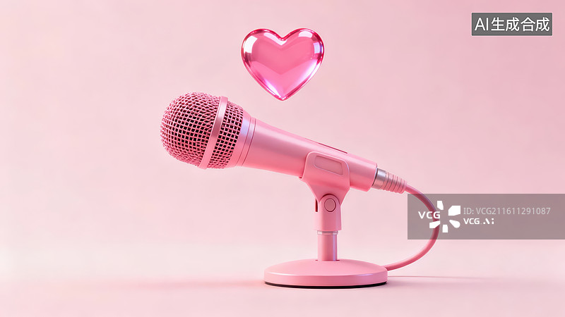 【AI数字艺术】粉色麦克风与爱心悬浮图片素材