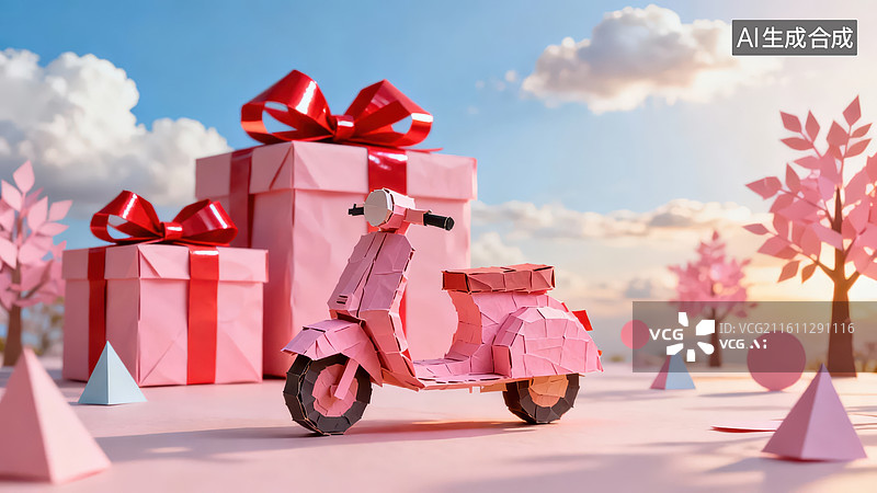 【AI数字艺术】粉色踏板车与礼物盒场景图片素材