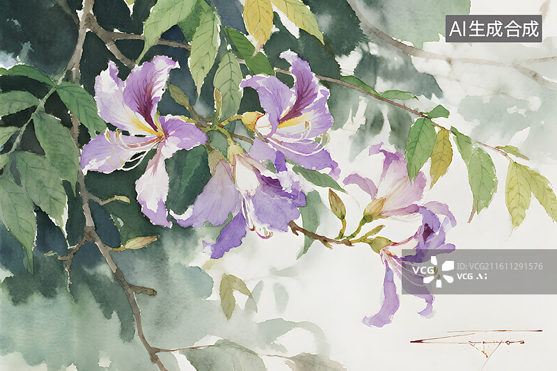 【AI数字艺术】紫荆花绽放插画图片素材