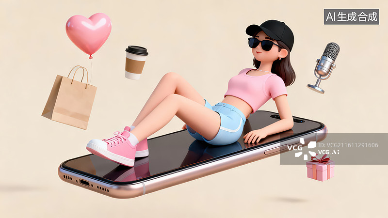 【AI数字艺术】女孩躺在手机上周围漂浮物品图片素材
