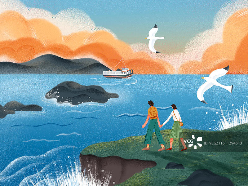 情侣手牵手去海边旅行徒步图片素材