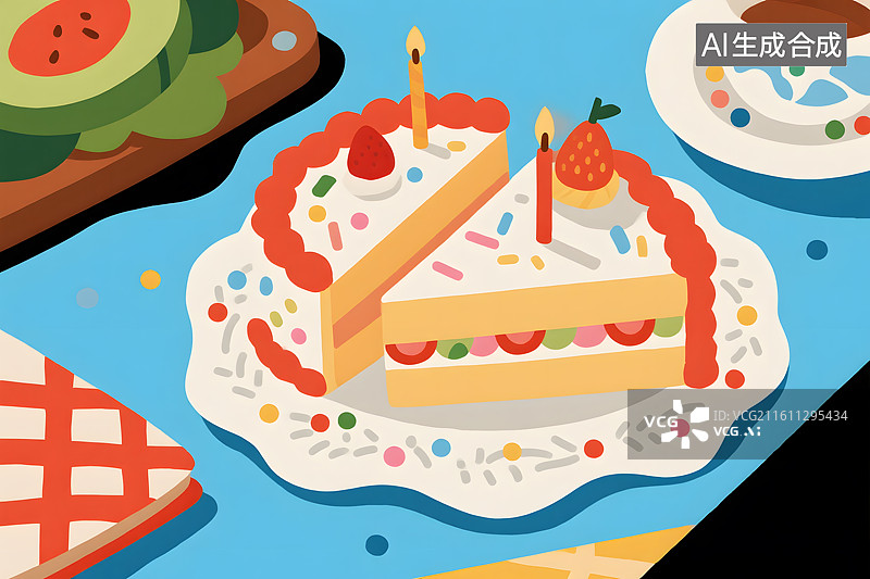 【AI数字艺术】点燃蜡烛的生日蛋糕图片素材
