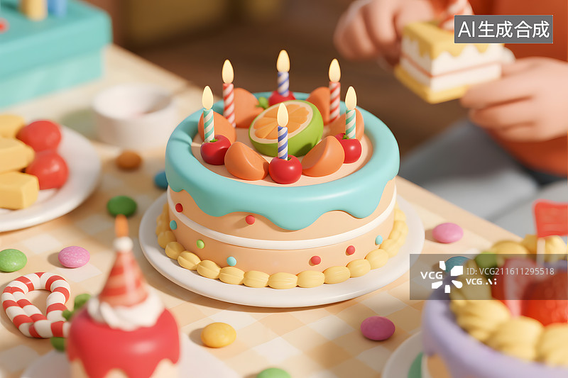 【AI数字艺术】点燃蜡烛的生日蛋糕图片素材