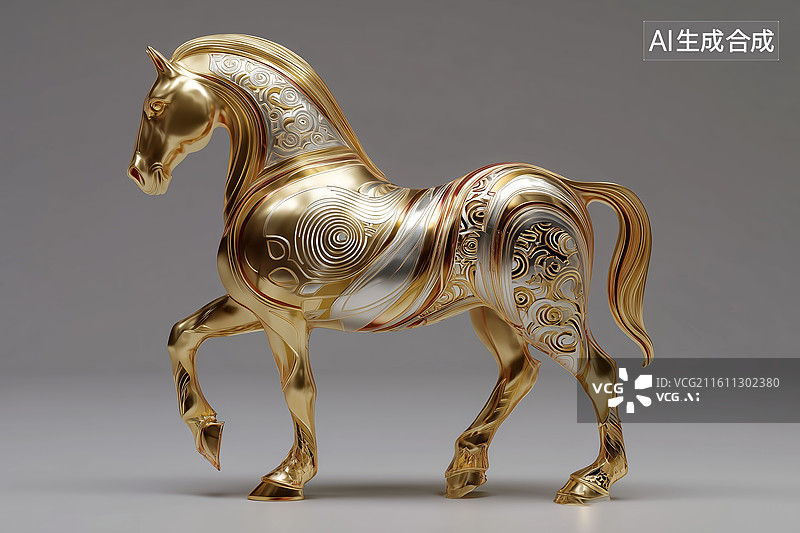 【AI数字艺术】金色螺纹骏马雕塑图片素材