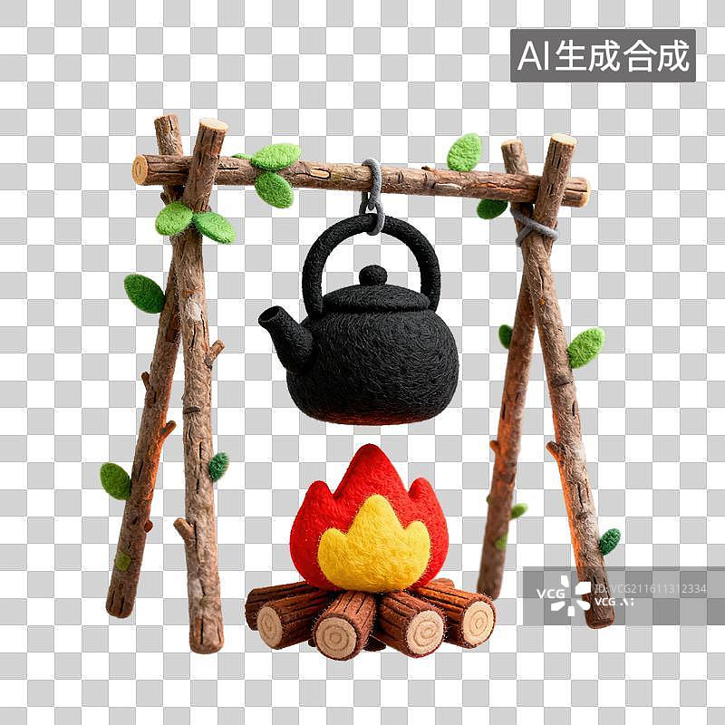 【AI数字艺术】3D毛毡材质户外露营火堆上煮茶元素图片素材
