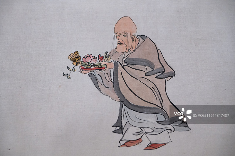 天津博物馆 清代后期人物画特展 清 吴昌硕 十八罗汉图卷 ‌纸本设色‌ 甲寅年（1914）71岁图片素材