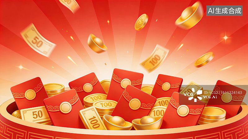 【AI数字艺术】聚宝盆福袋上方有红色红包金币金元宝带有金额数字的优惠券购物券洒落，新年财富好运堆积喜庆商业插画背景图片素材