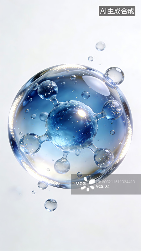 【AI数字艺术】3D分子结构与水气泡图片素材