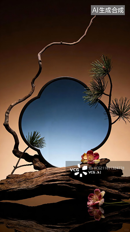 【AI数字艺术】枯木花枝与镜面装饰图片素材