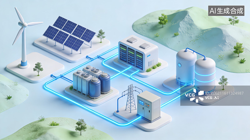 【AI数字艺术】浅蓝色背景下风力发电能源储备系统沙盘，3D渲染新能源电力系统风电光伏储能电网绿色能源互联场景插画背景图片素材