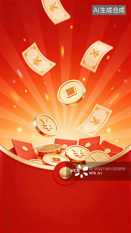 【AI数字艺术】巨大的打开的红色钱袋红包上空漂浮着洒落喜庆红包金币硬币购物券优惠券，新年财运暴富电商促销商业插画背景图片素材