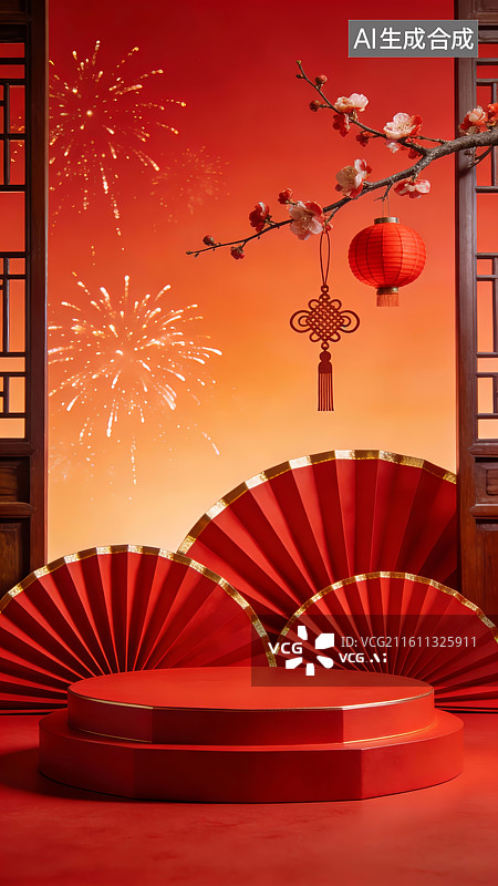 【AI数字艺术】春节红色舞台与节日装饰图片素材