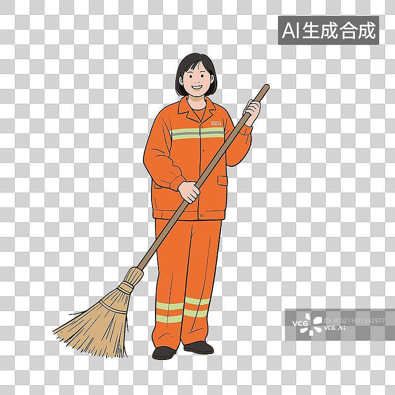【AI数字艺术】[矢量EPS素材]手持扫帚的女性清洁工图片素材
