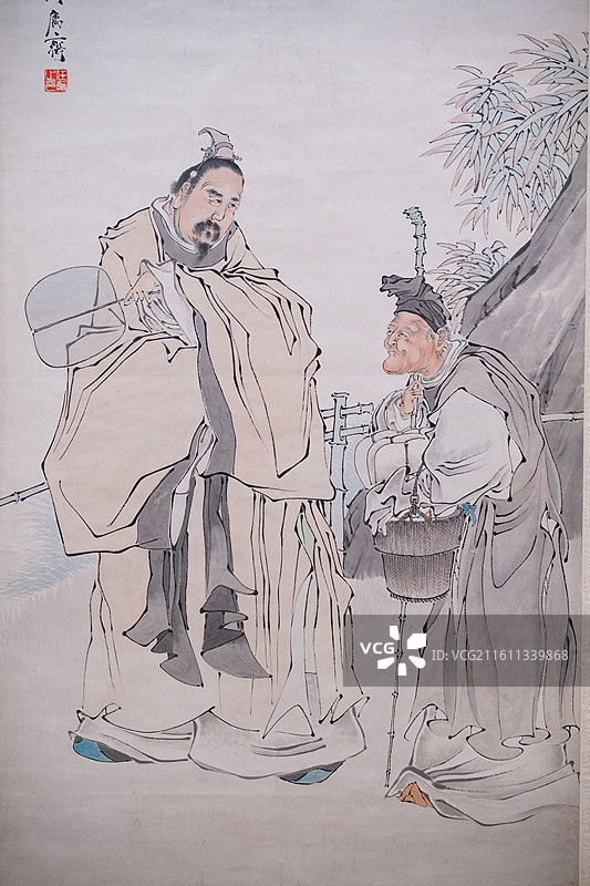 天津博物馆 清代后期人物画特展  清 任薰 王羲之书扇图轴 ‌纸本设色‌图片素材