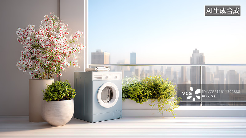 【AI数字艺术】明媚阳光下的阳台和洗衣机居家生活场景插画图片素材