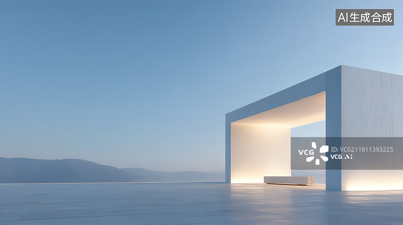 【AI数字艺术】海边极简风发光现代人造空间图片素材