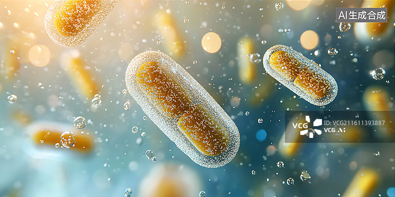 【AI数字艺术】空中漂浮的金色药丸胶囊医疗背景图片素材