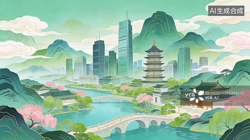 【AI数字艺术】山水城市融合景观图片素材