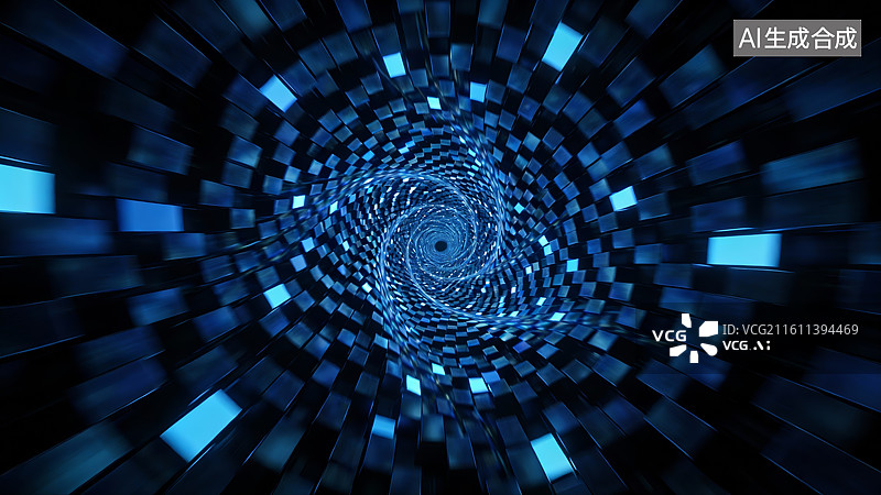 【AI数字艺术】蓝色方块螺旋隧道图片素材