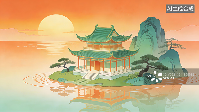 【AI数字艺术】湖心古亭日出景象图片素材