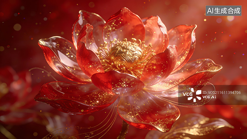【AI数字艺术】红色水晶莲花绽放图片素材