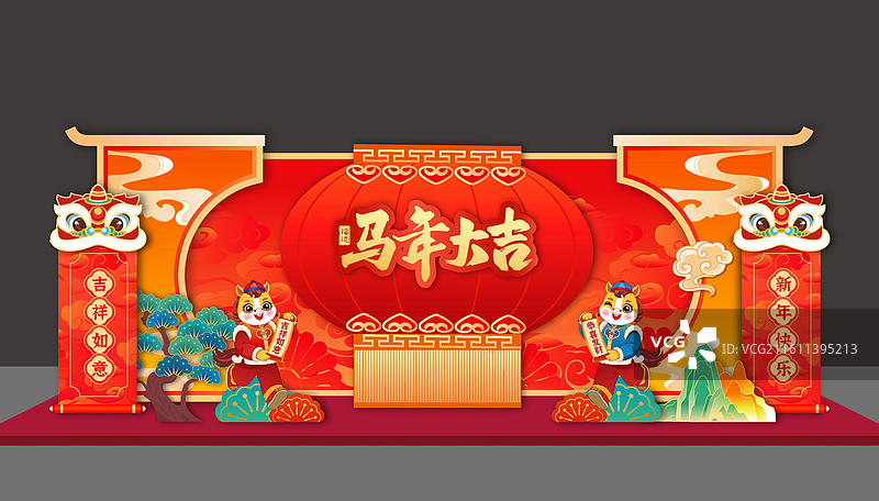 马年舞台背景大红灯笼美陈布置卡通形象图片素材