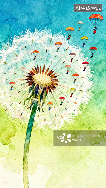 【AI数字艺术】蒲公英种子化身成降落伞的小精灵  3月惊蛰主题创意插画系列图片素材