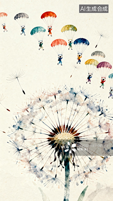 【AI数字艺术】蒲公英种子化身成降落伞的小精灵  3月惊蛰主题创意插画系列图片素材