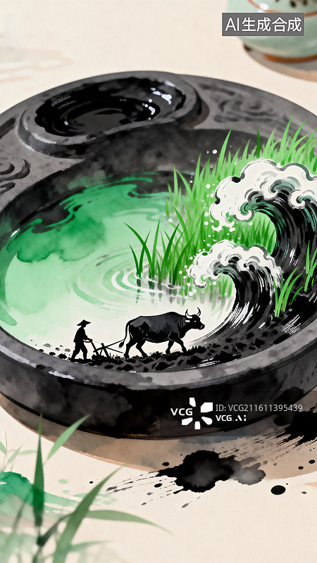 【AI数字艺术】砚台里的春耕 3月惊蛰主题创意插画系列图片素材