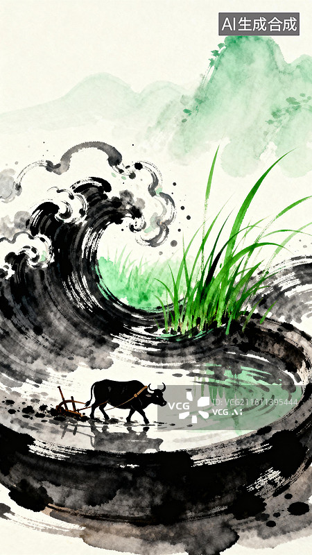 【AI数字艺术】牛耕地 砚台里的春耕 3月惊蛰主题创意插画系列图片素材