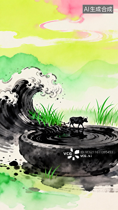 【AI数字艺术】砚台里的春耕 3月惊蛰主题创意插画系列图片素材