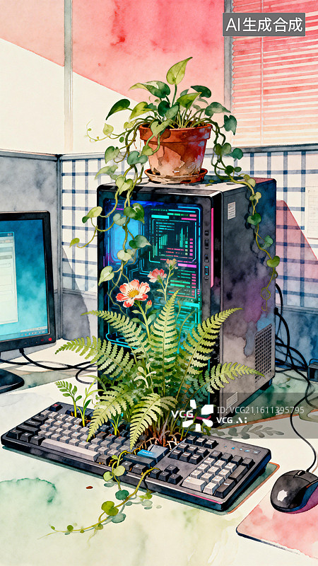 【AI数字艺术】被遗忘的绿植藤蔓缠绕电脑主机 3月惊蛰主题创意插画系列图片素材