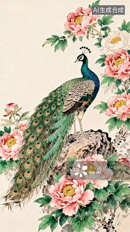 【AI数字艺术】国画孔雀牡丹图图片素材