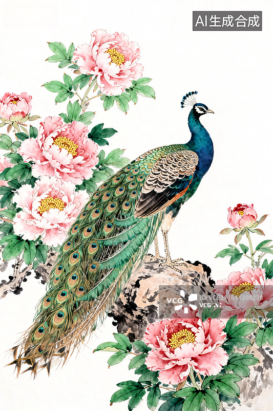【AI数字艺术】国画孔雀牡丹图图片素材