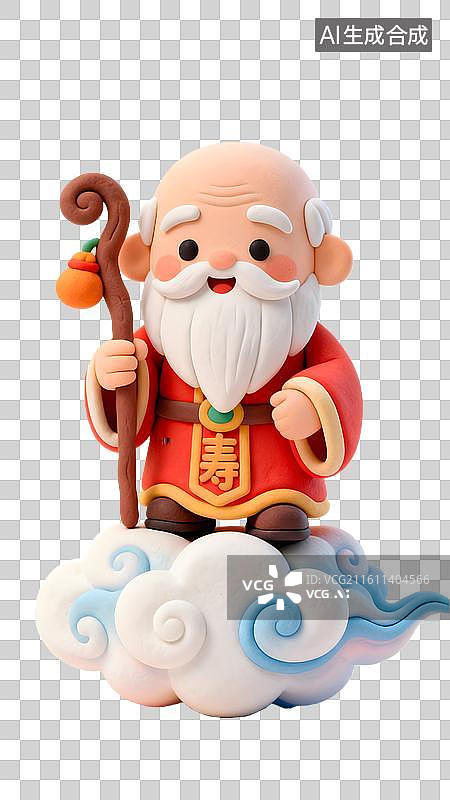 【AI数字艺术】卡通寿星公云端形象 祥瑞寿星手持拐杖站祥云   祥云寿星公祝寿 卡通寿星捧寿桃贺寿图片素材