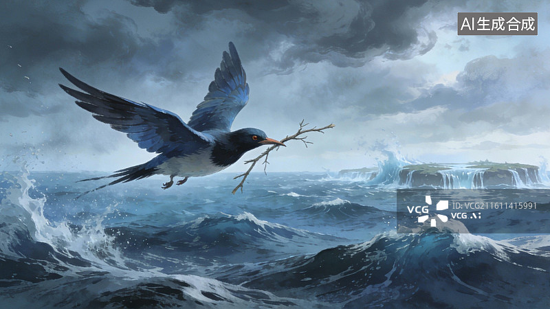 【AI数字艺术】海鸟携枝飞越风暴海洋图片素材