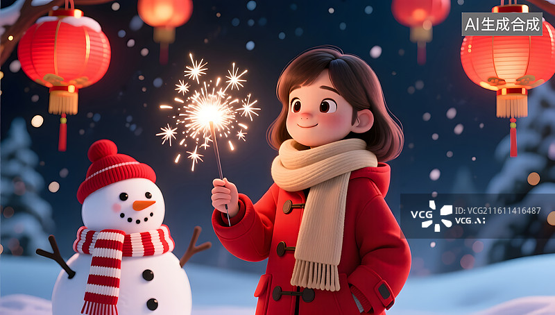 【AI数字艺术】雪夜女孩与红灯笼欢庆节日图片素材