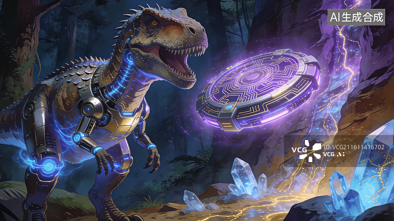 【AI数字艺术】机械恐龙与神秘能量装置图片素材
