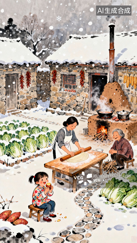 【AI数字艺术】冬日农家院落生活场景图片素材