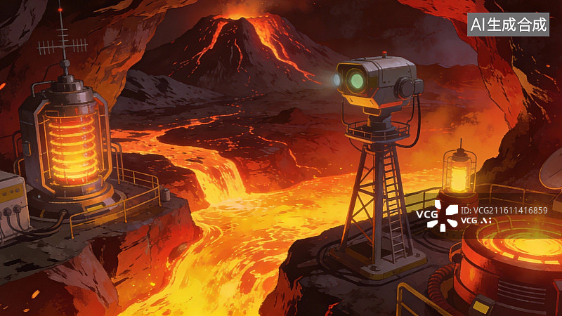 【AI数字艺术】火山洞穴中的工业设施图片素材