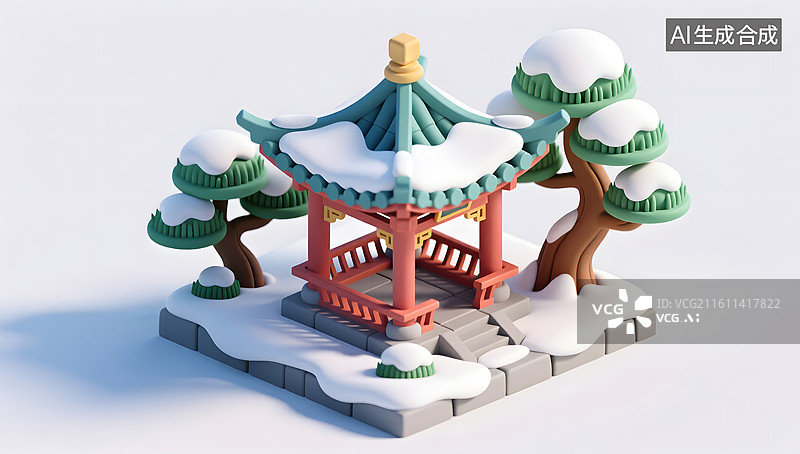 【AI数字艺术】雪中古风亭台楼阁等轴场景图片素材