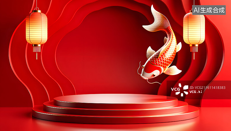 【AI数字艺术】红色锦鲤波浪舞台打造东方美感图片素材
