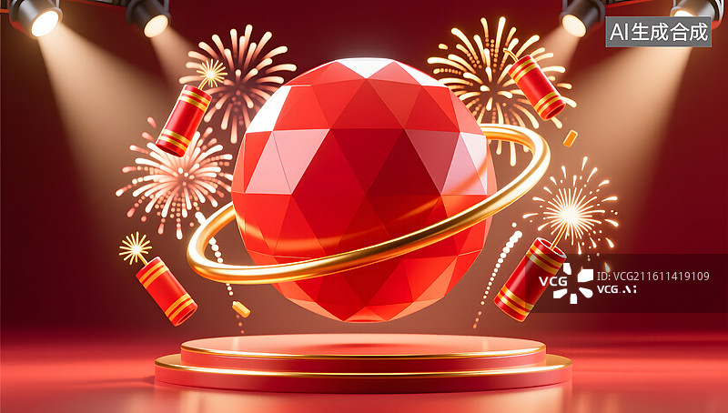 【AI数字艺术】喜庆节日红色几何球体舞台展现烟花效果图片素材
