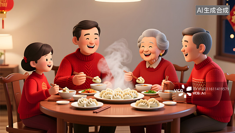 【AI数字艺术】春节一家三代围坐共享年夜饭图片素材