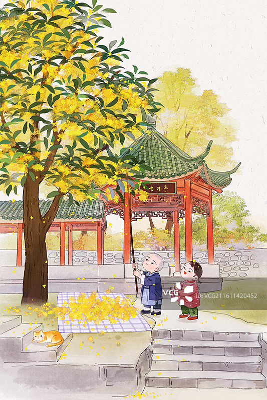 秋天亭台楼阁儿童桂花中秋节图片素材