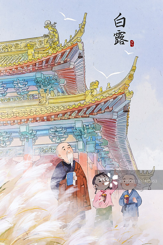 白露古建筑宫殿屋檐芦苇小和尚寺庙风景插画图片素材