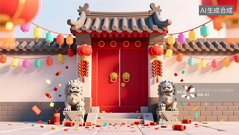【AI数字艺术】新春热闹喜庆的传统四合院图片素材