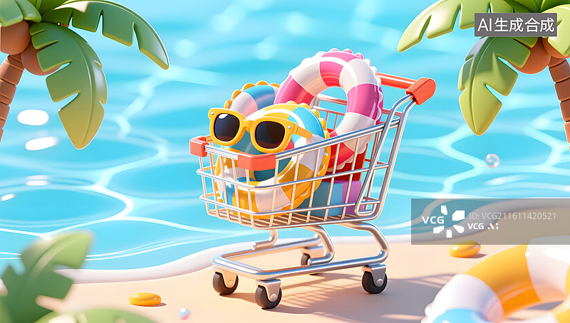 【AI数字艺术】夏日购物车承载假日用品洋溢清凉气息图片素材
