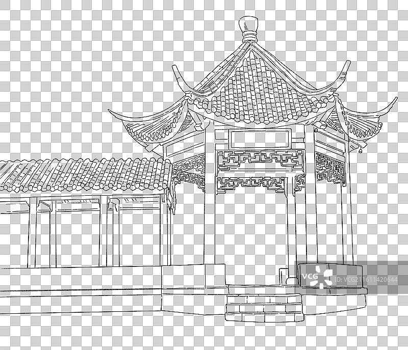 古代的亭子长廊亭台楼阁线稿图片素材